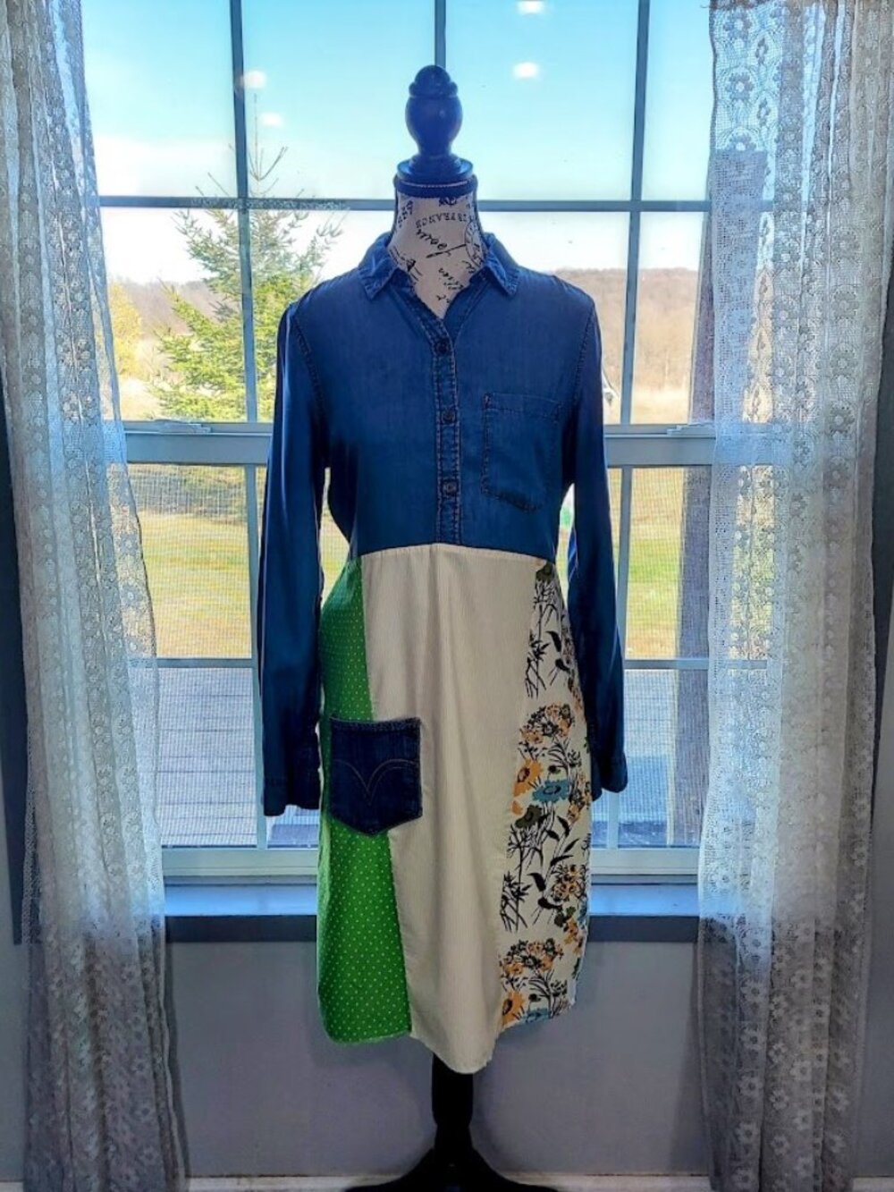Upcycled Floral Denim Shirt Dress M - Picture 5 of 10